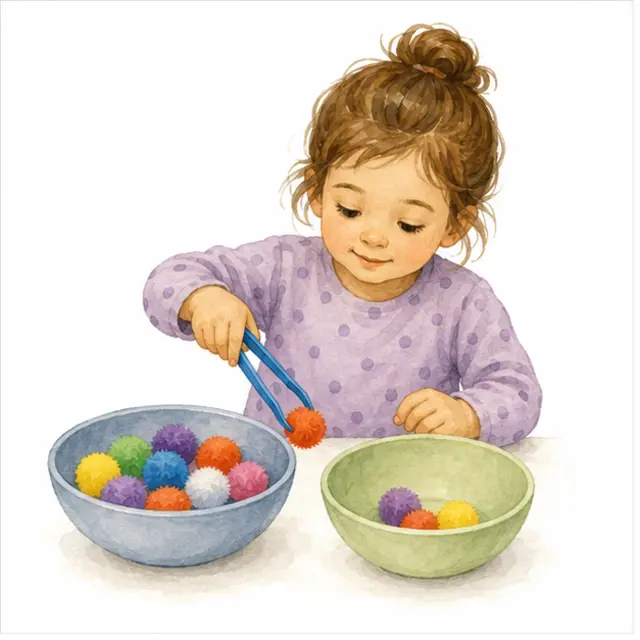 העברת פומפונים עם פינצטה – פעילות לילדים