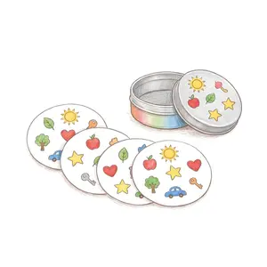 55 קלפים עגולים, ועל כל קלף 8 ציורים – משחק קופסה לילדים