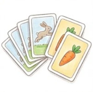 Cards: hopping-rabbit cards (1, 2 or 3 spaces) and carrot cards – Board game for kids