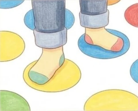 2Players stand at opposite ends of the mat, one foot on a yellow… – Board game for kids