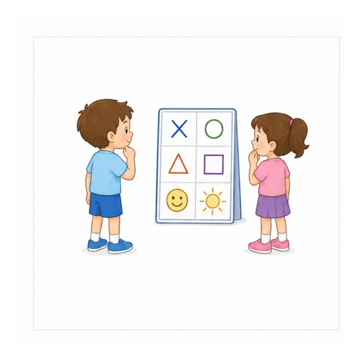 שני הילדים עומדים מול לוח הציורים ומנסים לזכור כמה שיותר צורות ואת… – מרוץ זיכרון הצורות – משחק לילדים