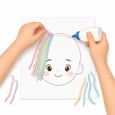 מדביקים את החוטים על הדף ונותנים לדבק להתייבש – תספורת לדמות – פעילות לילדים