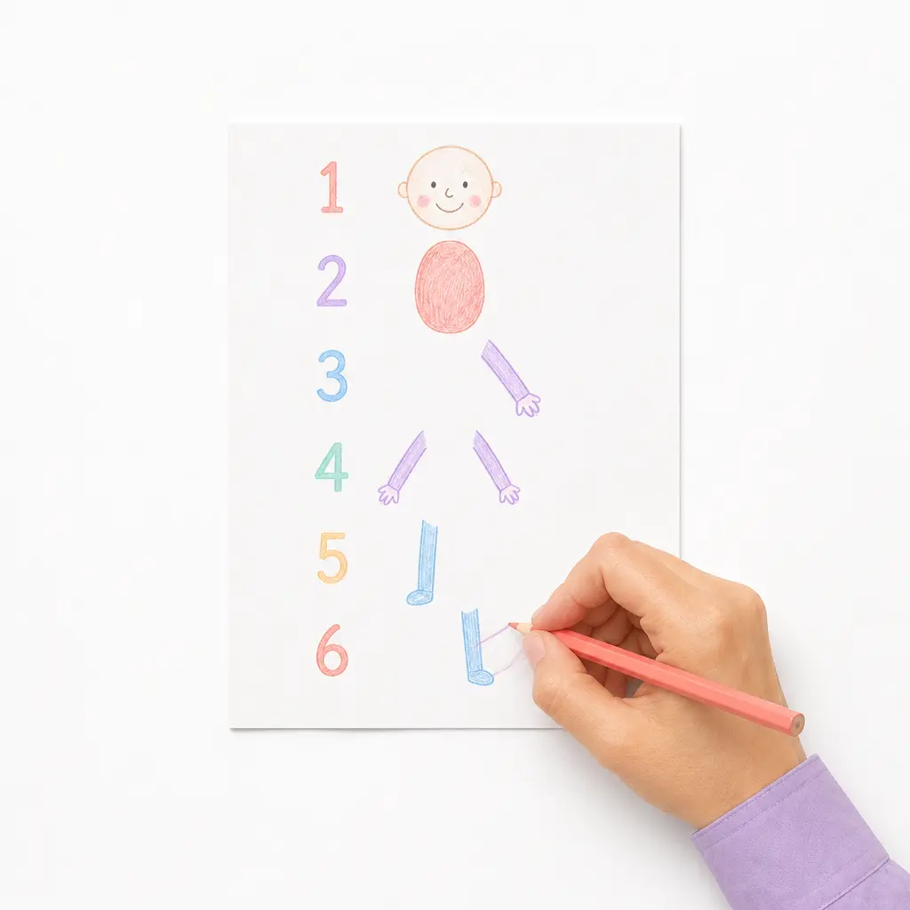 רושמים על לוח או דף מספר ולידו איבר: 1=ראש, 2=גוף, 3=זרוע, 4=זרוע… – ציור איש בשלבים – פעילות לילדים