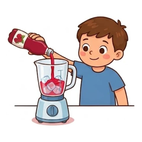 Add the raspberry concentrate and the water – Raspberry Slushie – Recipe for kids