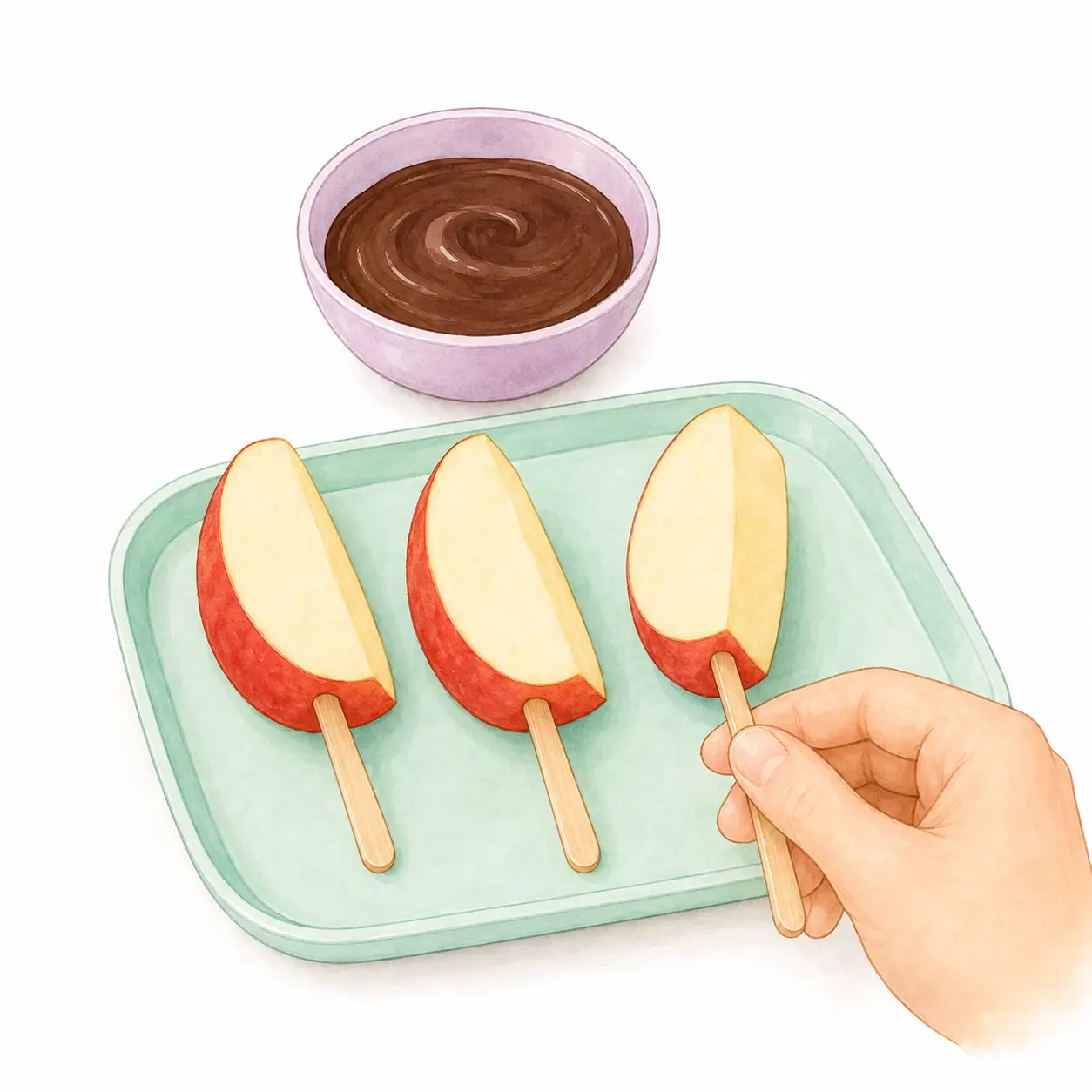 Gently push a wooden skewer into the bottom of each wedge – Chocolate-Dipped Apple Slices – Recipe for kids