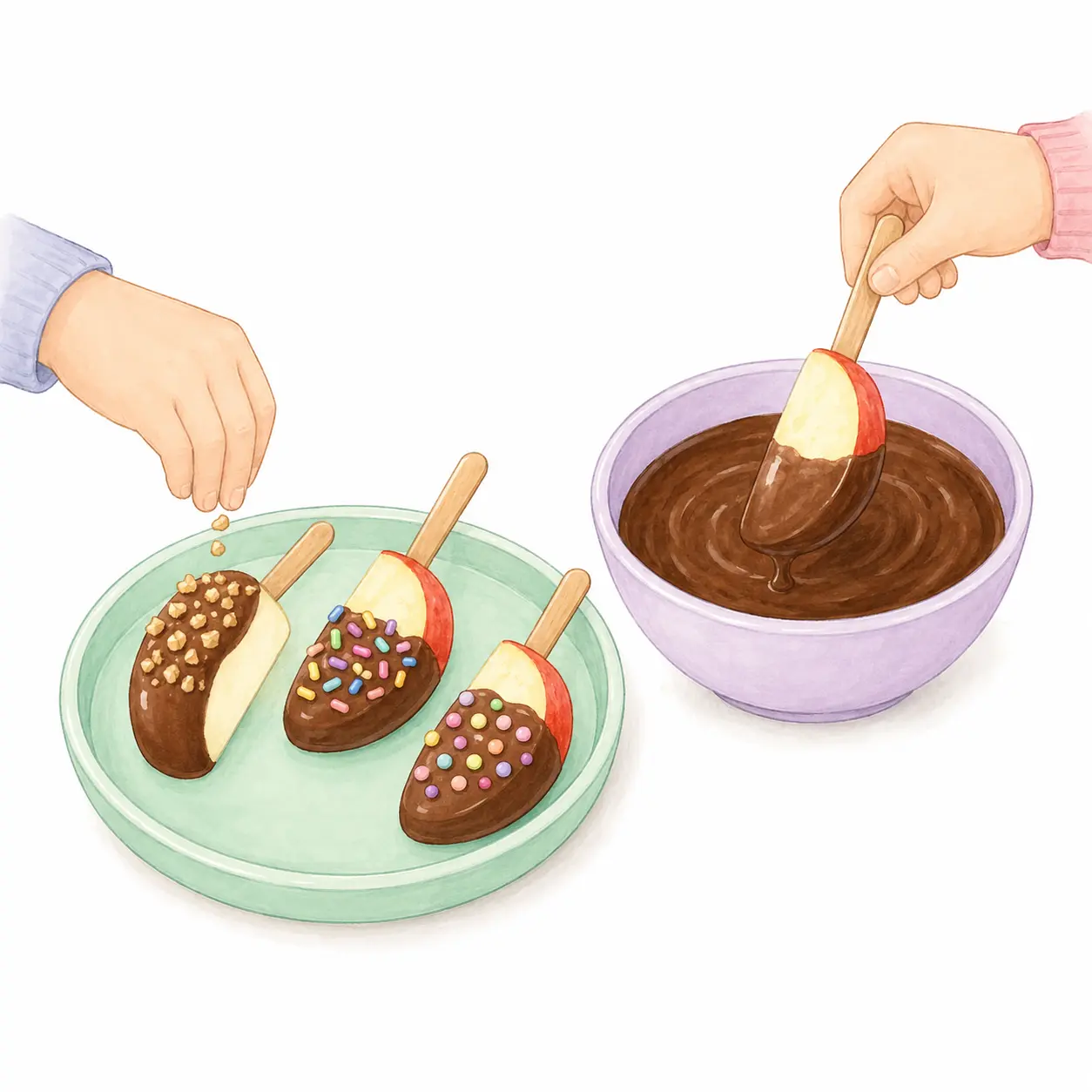 Dip the top half of each wedge in chocolate and add toppings before… – Chocolate-Dipped Apple Slices – Recipe for kids