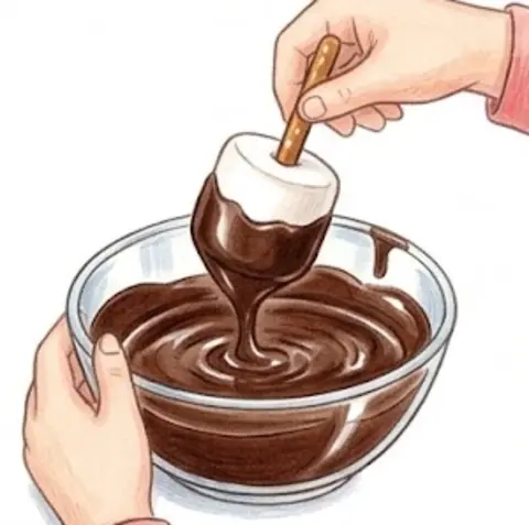 Hold the pretzel stick and dip the marshmallow in the chocolate – Chocolate Marshmallow Dreidels – Recipe for kids