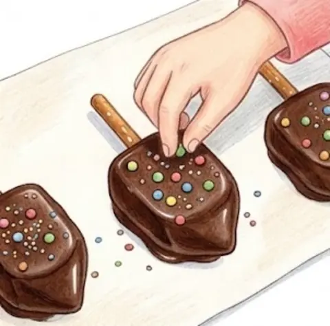 Sprinkle the sprinkles on while the chocolate is still soft – Chocolate Marshmallow Dreidels – Recipe for kids