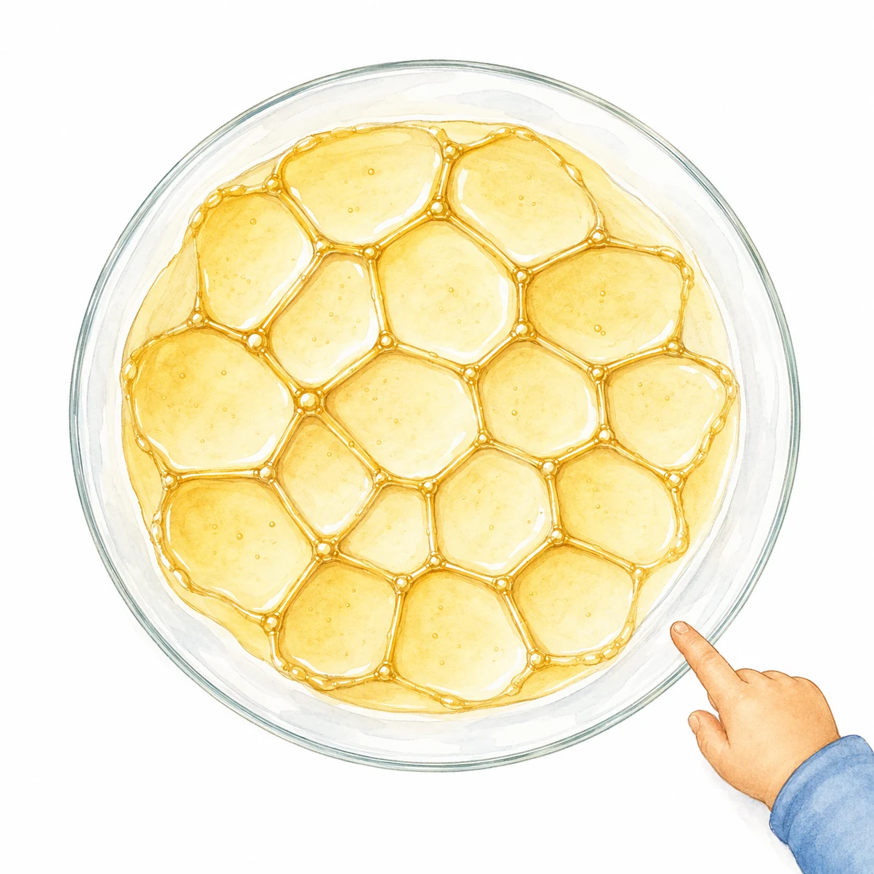 המשיכו לנענע בזהירות וראו כיצד נוצרים דפוסים שלפעמים מזכירים משושים – משושי הדבש – ניסוי לילדים