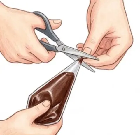 Spoon the chocolate into the bag and snip off a small corner – Chocolate Pretzel Christmas Trees – Recipe for kids