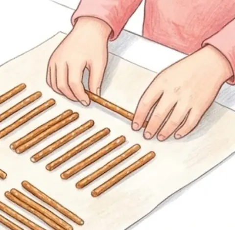 Lay the pretzel sticks on parchment paper with space between them – Chocolate Pretzel Christmas Trees – Recipe for kids