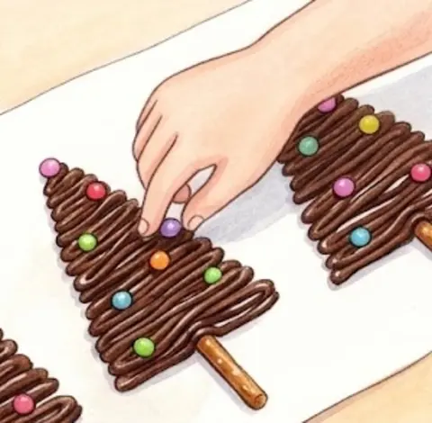 Decorate with candies while the chocolate is still soft – Chocolate Pretzel Christmas Trees – Recipe for kids