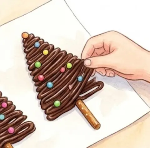 Chill for about 15 minutes, then gently peel them off the paper – Chocolate Pretzel Christmas Trees – Recipe for kids
