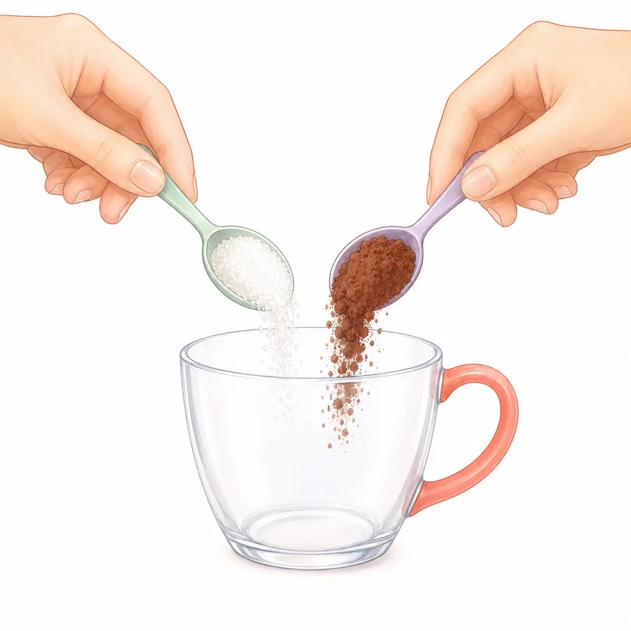 Place one teaspoon of sugar and one teaspoon of chocolate powder in… – Hot Chocolate – Recipe for kids