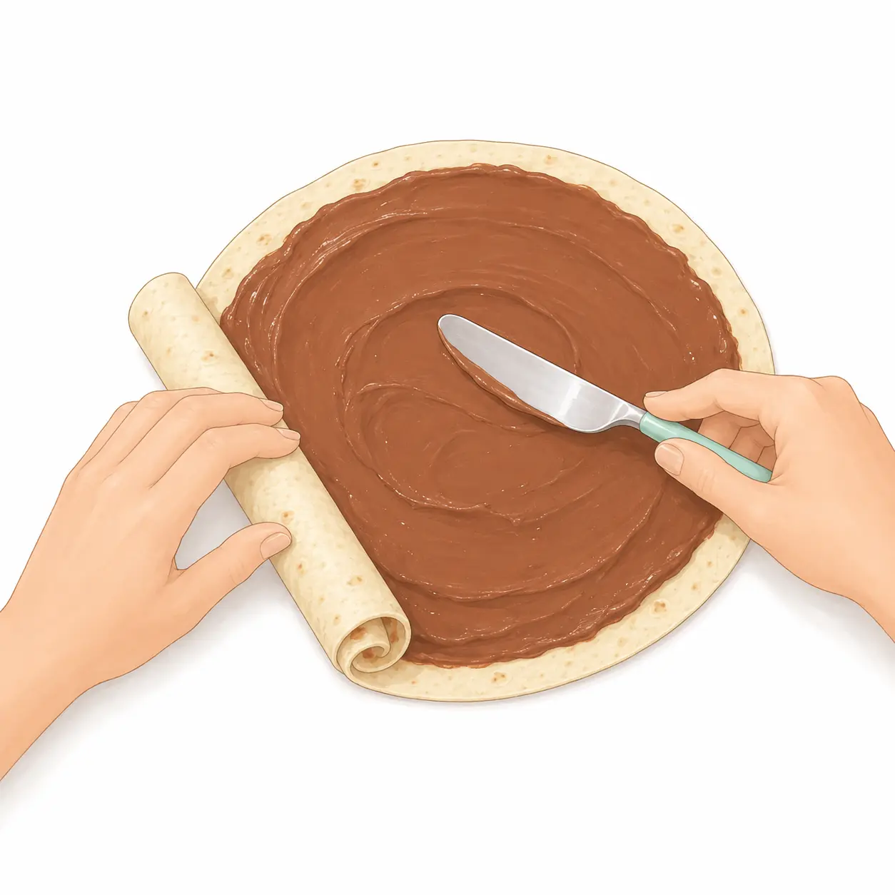 Spread chocolate over the tortilla and roll it tightly – Chocolate Tortilla Swirls – Recipe for kids