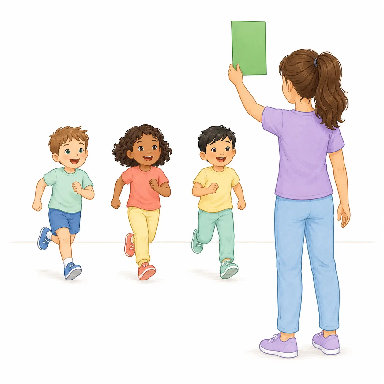 כשאומרים 'רמזור ירוק!' ומרימים את הדף הירוק, הילדים רצים לכיוונכם – רמזור אדום, רמזור ירוק – פעילות לילדים