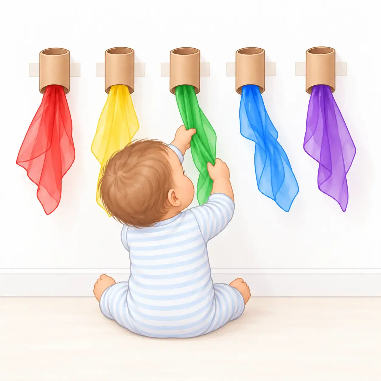 מושיבים את הפעוט מול הגלילים ומאפשרים לו לבחור, לאחוז ולמשוך את… – משוך במטפחת – פעילות לילדים