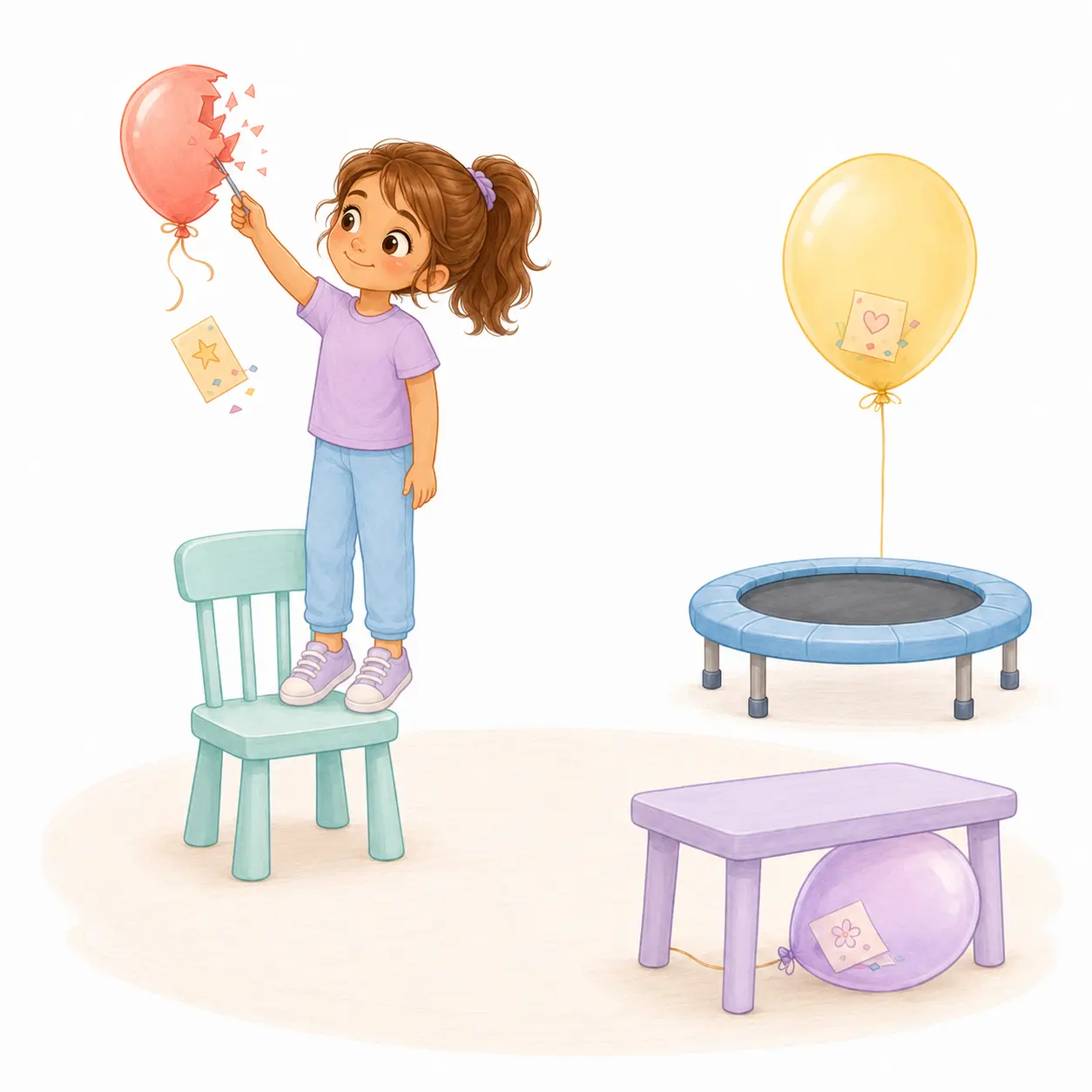 מגיעים לבלון בעזרת הפתרון שבחרו (טיפוס על כיסא, קפיצה על טרמפולינה… – מסלול הבלונים – פעילות לילדים